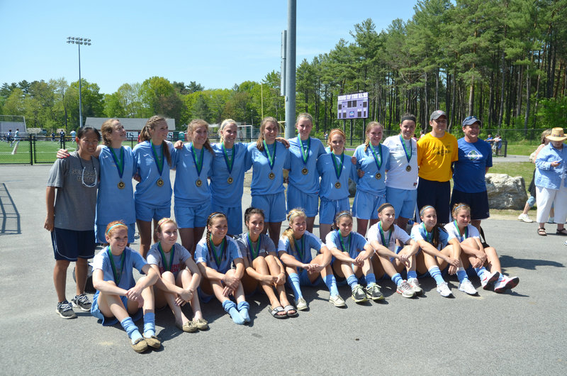 Members of Seacoast United Maine’s U17 girls’ soccer team are, from left to right: Front – Hannah Kallis and Marissa Duncan of Sanford; Jessica Meader of Scarborough; Holly Rand of North Yarmouth; Paige Tetu of Brunswick; Erin Smith of Gorham; Kip Chapman of Brunswick; Taylor Leborgne of Scarborough; and Sam Bryan of Sanford; Back – Coach Su DelGuercio; Cassie Darrow of Falmouth; Sarah Ingraham of Cumberland; Ashley Ronzo, Maria Philbrick and Sarah Martens of Scarborough; Allison Hill of Brunswick; Megan Decker of Yarmouth; Katie Couture of Saco; Emily Richard of Arundel; Coach Paul Cameron; and Coach Bill Meader. Absent: Julia Mitiguy of Cumberland.