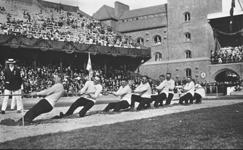 The Swedish tug of war team competes in at the 1920 Olympics. Tug of War is one of many Olympic sports that have fallen by the wayside.