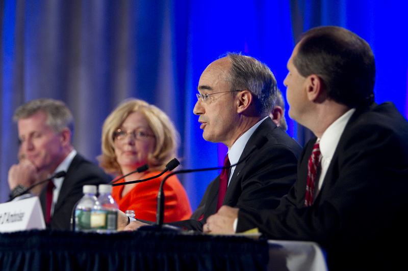 Bruce Poliquin, second from right, speaks at the debate for Republican candidates for U.S. Senate at the University of Southern Maine on Saturday night. Other candidates at the debated included, from left, Charlie Summers, Debra Plowman and Scott D'Amboise. Obscured are Rick Bennett and William Schneider.