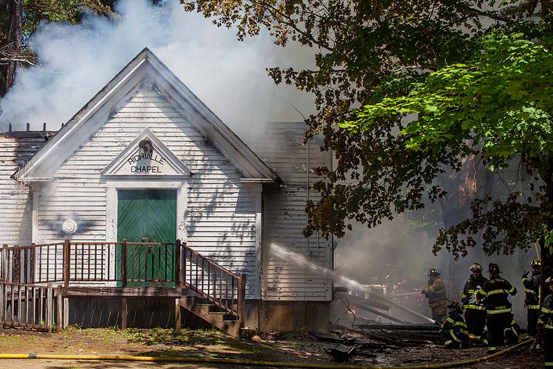 Flames were already going throught the roof of the Richville Chapel in Standish firefighters from Standish and five neighboring towns were called in Thursday afternoon.