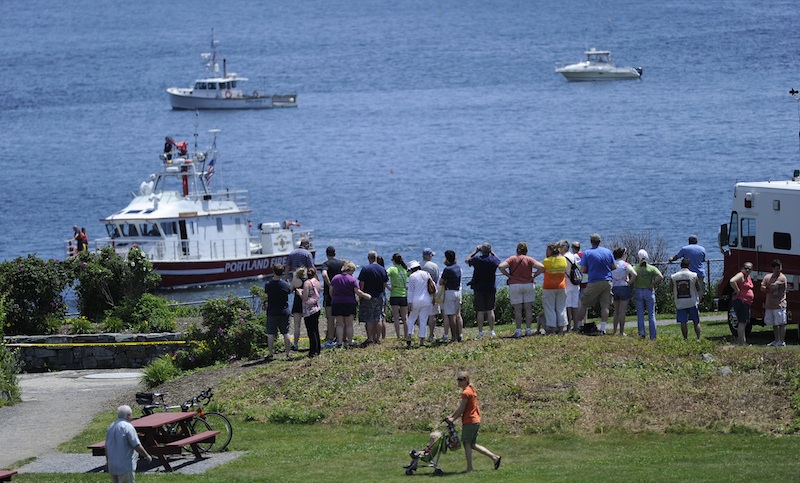 A crowd gathers at Fort Williams Park in Cape Elizabeth, where a plane went down just offshore in Casco Bay on Sunday.