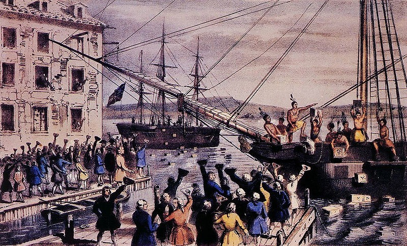 This iconic 1846 lithograph by Nathaniel Currier was entitled "The Destruction of Tea at Boston Harbor"; the phrase "Boston Tea Party" had not yet become standard. Contrary to Currier's depiction, few of the men dumping the tea were actually disguised as Indians.