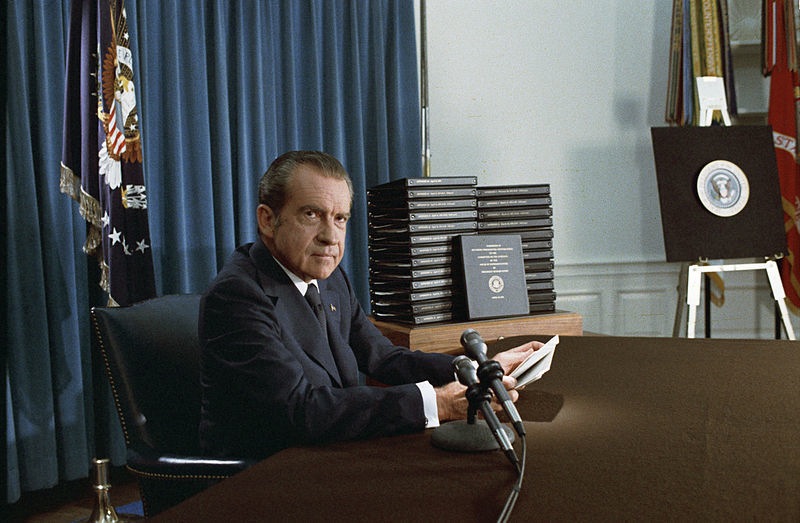 President Richard Nixon announces the release of edited transcripts of the Watergate tapes, April 29, 1974.