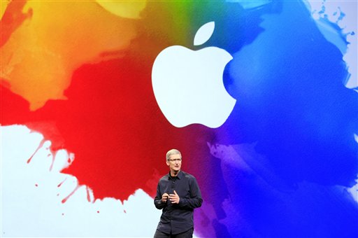 Apple CEO Tim Cook speaks during an event in San Francisco, Wednesday, March 7, 2012. Apple will reveal its new Macs and new software for the iPhone and iPad on Monday. (AP Photo/Jeff Chiu)