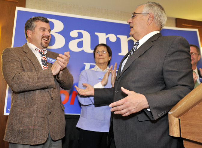 In this November 2010 file photo, U.S. Rep. Barney Frank, D-Mass., right, and his partner Jim Ready, left, celebrate Frank's re-election. Frank, now retired, hopes to help Maine legalize same-sex marriage this fall. (AP Photo/Josh Reynolds, File)