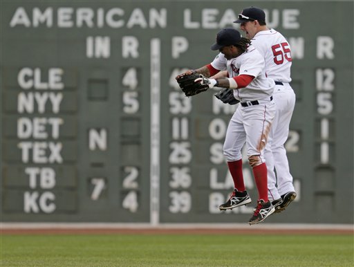 Boston Red Sox left fielder Darnell McDonald and center fielder Ryan Kalish (55) bump as they leap after beating the Toronto Blue Jays 10-4 Wednesday in Boston.