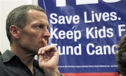 Cycling legend and cancer survivor Lance Armstrong attends a rally at a news conference at Children's Hospital in Los Angeles in favor of Proposition 29, a measure on the June 2012 California primary election ballot that would add a $1-per-pack tax on cigarettes.