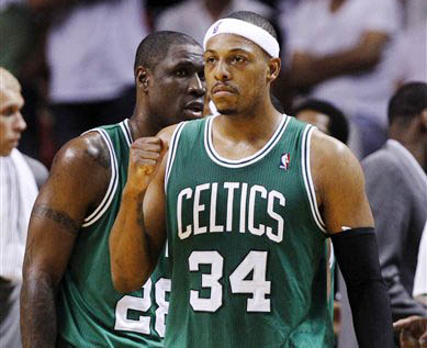 Boston Celtics' Paul Pierce pumps his fist after a call was reversed to give the Celtics possession of the ball in the closing minutes of the fourth quarter in Game 5 of their NBA basketball Eastern Conference finals playoff series against the Miami Heat on Tuesday in Miami.
