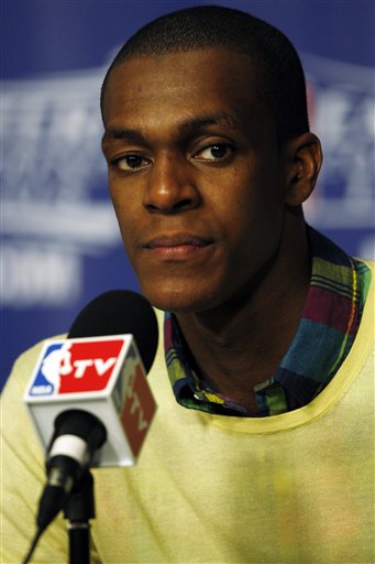 Boston Celtics' Rajon Rondo listens to a question during the post game news conference after Game 7 of the NBA basketball playoffs Eastern Conference finals against the Miami Heat, Saturday, June 9, 2012, in Miami. The Heat defeated the Celtics 101-88. (AP Photo/Wilfredo Lee)