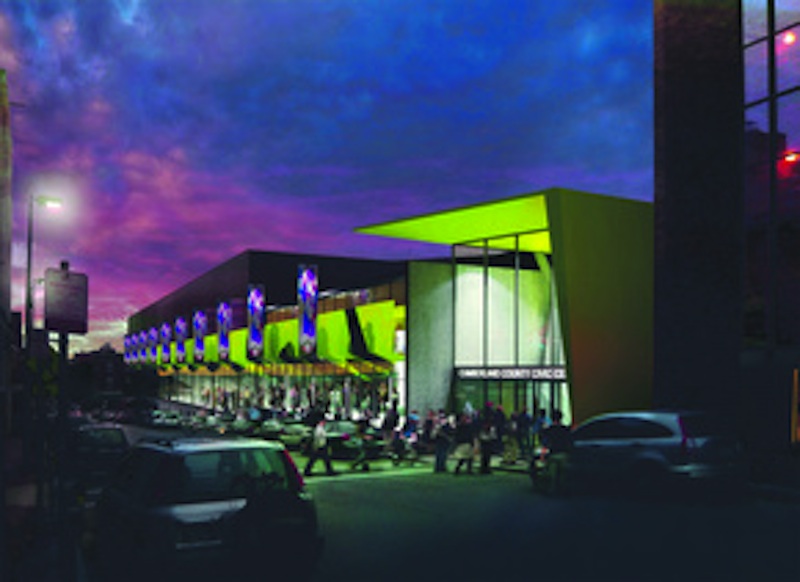 An artist rendering of the exterior of the Cumberland County Civic Center, which is expected to undergo a $33 million renovation beginning in August.