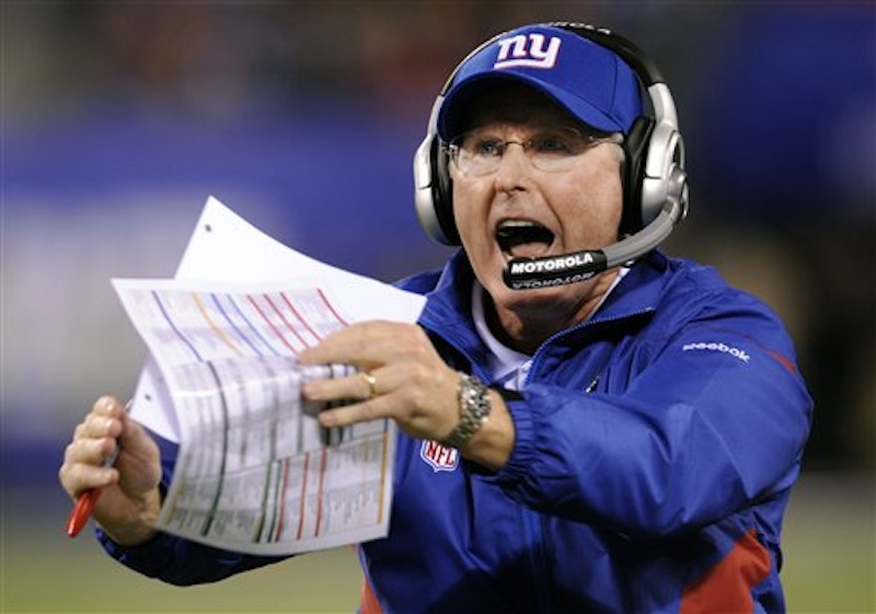 In this, Sept. 19, 2011, file photo, New York Giants head coach Tom Coughlin reacts during the second quarter of an NFL football game against the St. Louis Rams in East Rutherford, N.J. The Giants face the New England Patriots in Super Bowl XLVI on Sunday, Feb. 5, 2012, in Indianapolis. (AP Photo/Bill Kostroun, File)