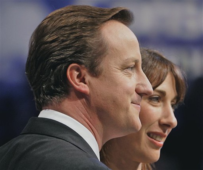 This Wednesday, Oct. 3, 2007 file photo shows David Cameron, leader of Britain's opposition Conservative Party with his wife Samantha, after he delivering his keynote speech on the last day of the annual Conservative Party conference in Blackpool, England. British Prime Minister David Cameron's office confirmed Monday June 11, 2012 that the prime minister accidentally left his 8-year-old daughter Nancy in a pub after a family Sunday lunch near his country home, west of London. They said the incident happened a few months ago as the family was leaving the pub. Cameron was travelling in one car with his bodyguards and assumed that Nancy was in the other car with his wife Samantha and two other children. Samantha assumed the child was with her father and only realized she was missing when they got home. (AP Photo/Kirsty Wigglesworth, File)
