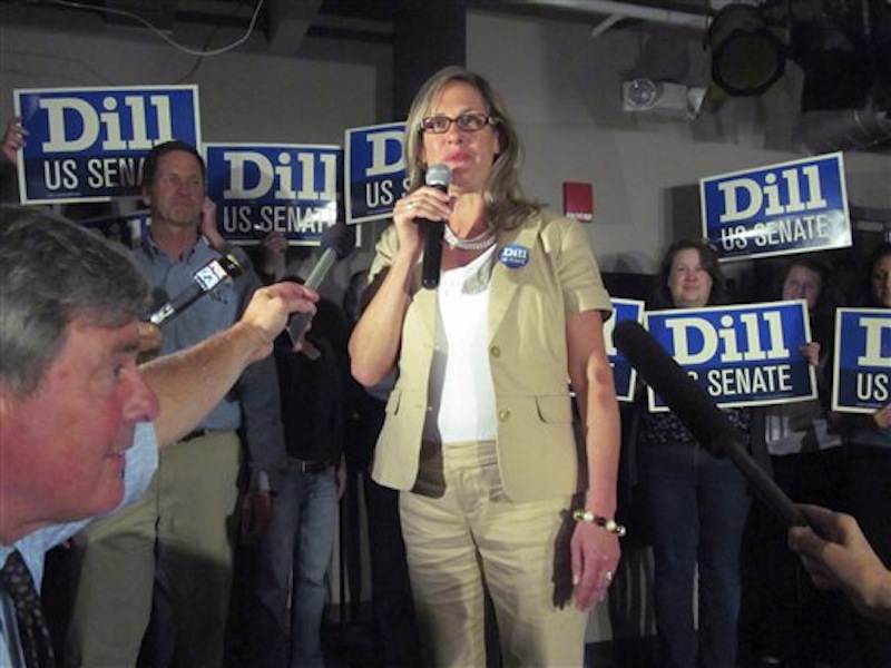 In this June 12, 2012 photo, Maine Sen. Cynthia Dill claims victory in the race for the Democratic nomination to run for the U.S. Senate, at a Democratic "Victory Party" at Bayside Bowl in Portland, Maine. Dill says thereís nothing to lose for standing up for what you believe when youíre the underdog. And sheís still an underdog in the U.S. Senate race, even after winning a decisive victory in the four-way Democratic primary. (AP Photo/The Bangor Daily News, Christopher Cousins)