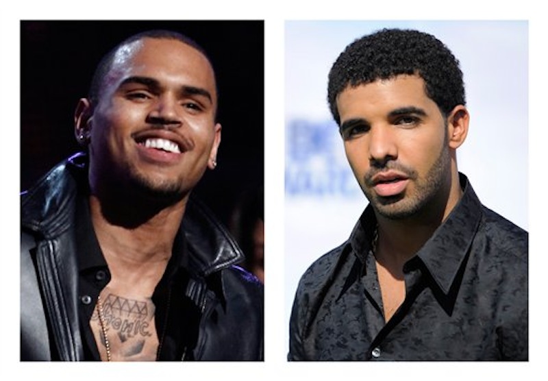 This combination of 2012 and 2011 file photos shows hip hop stars Chris Brown, left, and Drake. New York City police investigated a report Thursday, June 14, 2012 of a bar brawl involving hip-hop stars Drake and Chris Brown and their entourages in which bottles flew and five people were injured. (AP Photo/Matt Sayles, Chris Pizzello)