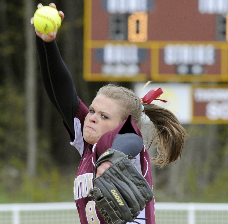 Thornton pitcher Julia Geaumont delivers a pitch May 3, 2012 during a battle bewteen Thornton Academy and Scarborough in Saco. Geaumont has been named Maine Gatorade Softball Player of the Year.