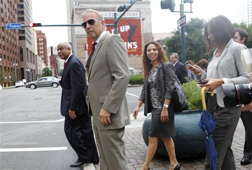 Kevin Costner leaves Federal Court on Thursday after a jury rejected claims that Costner and his business partner duped fellow actor Stephen Baldwin and a friend out of millions of dollars from a BP contract for using oil cleanup devices in the aftermath o the 2010 Gulf of Mexico spill.