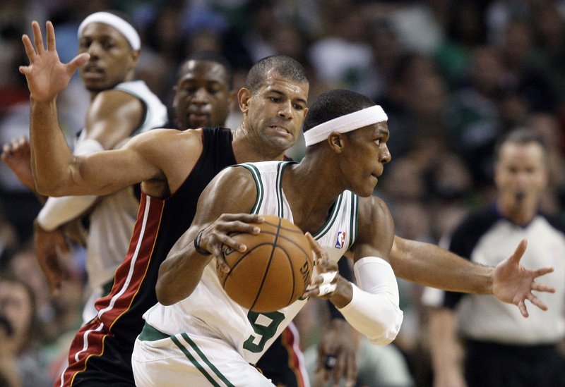 Boston Celtics guard Rajon Rondo drives against Miami Heat forward Shane Battier in the third quarter of Game 3 of the NBA Eastern Conference finals in Boston on Friday. Boston won, 101-91.