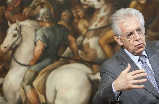 Italian premier Mario Monti attends a news conference during his meeting with Swiss President Eveline Widmer-Schlumpf at Rome's Palazzo Chigi Government office on Tuesday.