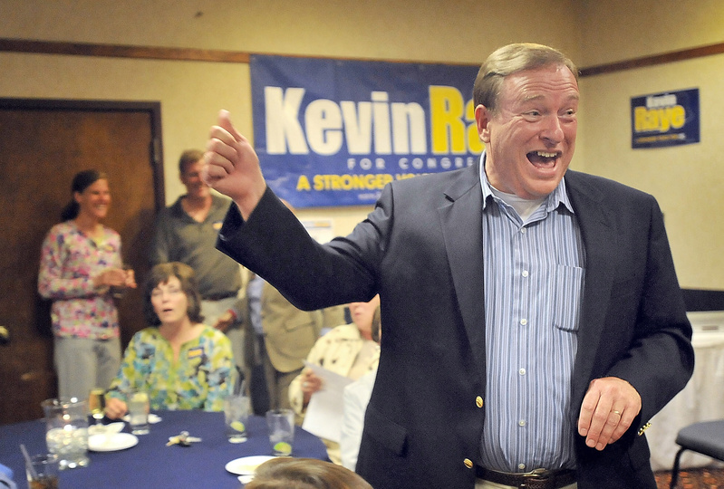 State Senate President Kevin Raye celebrates in Bangor on Tuesday night as he wins the Republican nomination for Maine’s 2nd Congressional District. Raye will challenge Democratic U.S. Rep. Mike Michaud in November.