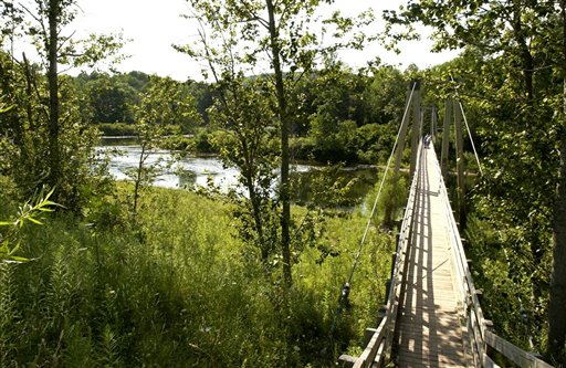 A suspension bridge carries the North Country Scenic Trail over the Manistee River southeast of Mesick, Mich.