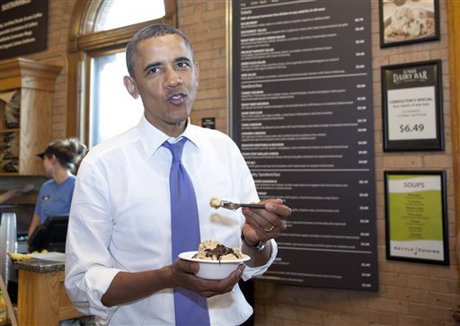 President Barack Obama eats an ice cream sundae at the UNH Dairy Baron Monday in Durham, N.H.
