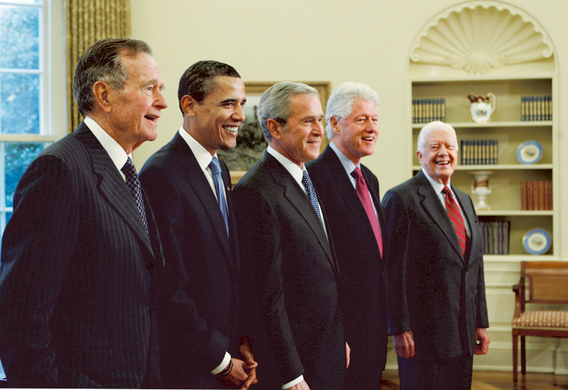 President-elect Barack Obama is welcomed by then-President George W. Bush for a meeting at the White House with former presidents Bill Clinton, Jimmy Carter and George H.W. Bush in this photo from January 2009.