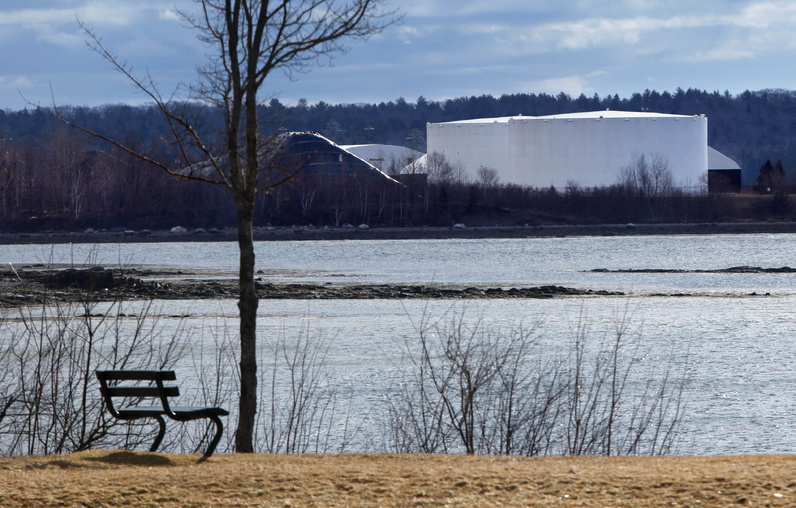 Fuel tanks are seen from a town park in Searsport on Friday. Townspeople on Saturday voted 297 to 165 against a moratorium that would have slowed or possibly derailed a proposal to build a 14-story-high storage tank for propane. (AP Photo / Robert F. Bukaty)