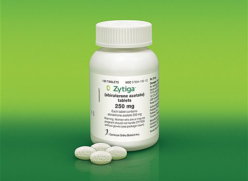 This undated image provided by Johnson & Johnson shows the drug Zytiga. The hormone-blocking pill approved in 2012 for certain men with advanced prostate cancer now also seems to help a wider group of men who were given it sooner in the course of treating their disease. In a study of nearly 1,100 such men, Zytiga doubled the time patients lived without their cancer getting worse. Study leader Dr. Charles Ryan of the University of California, San Francisco gave the results Saturday, May 2, 2012 at a meeting in Chicago of the American Society of Clinical Oncology. (AP Photo/Johnson & Johnson)