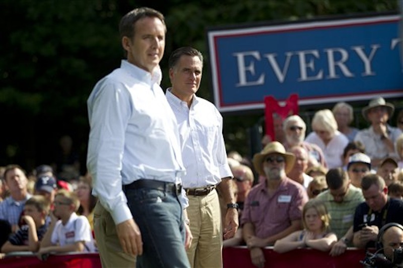 Republican presidential candidate, former Massachusetts Gov. Mitt Romney, right, stands with former Minnesota Gov. Tim Pawlenty during a campaign stop at Cornwall Iron Furnace, on Saturday, June 16, 2012, in Cornwall, Pa. (AP Photo/Evan Vucci)