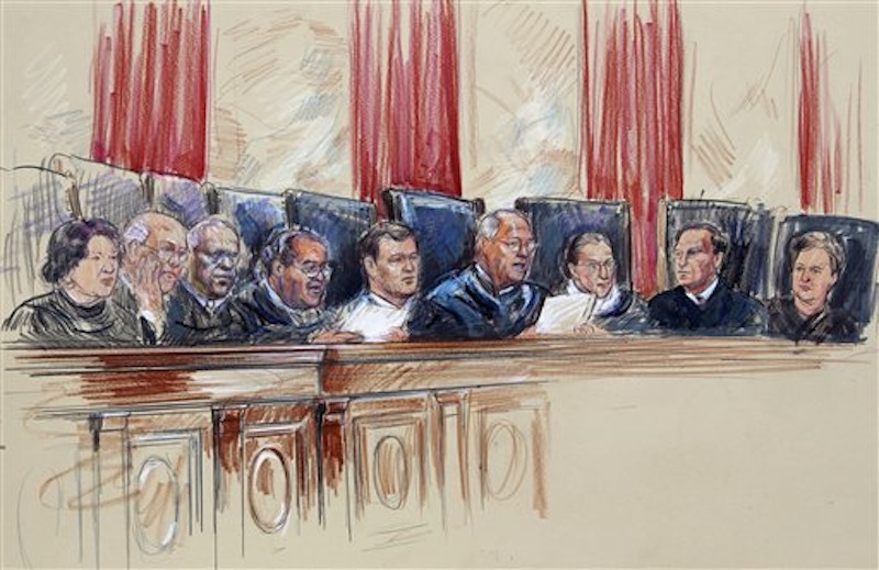 This artist rendering shows Supreme Court Justices from left, Sonia Sotomayor, Stephen Breyer, Clarence Thomas, Antonin Scalia, Chief Justice John Roberts, Anthony Kennedy, Ruth Bader Ginsburg, Samuel A. Alito, and Elena Kagan inside Supreme Court in Washington, Monday, June 25, 2012. (AP Photo/Dana Verkouteren)