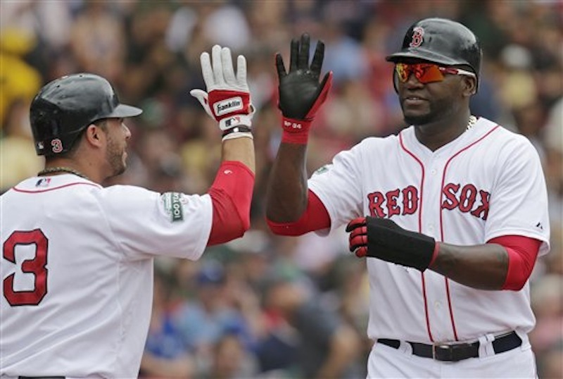 Boston Red Sox' David Ortiz, right, is congratulated by teammate Mike Aviles after scoring on a single by teammate Adrian Gonzalez during the fourth inning of a baseball game against the Toronto Blue Jays at Fenway Park in Boston, Wednesday, June 27, 2012. (AP Photo/Charles Krupa)