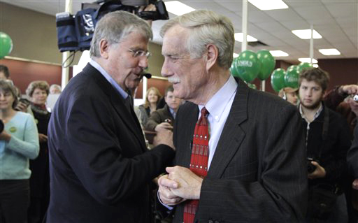 Angus King, Independent candidate for the U.S. Senate, right, speaks to former Independent gubernatorial candidate Eliot Cutler, prior to announcing the opening of his campaign office in Brunswick in April. (AP Photo / Pat Wellenbach)