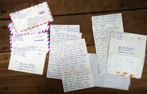 The personal letters of U.S. Army Sgt. Steve Flaherty, who was killed in action in 1969, rest on a table at Joint POW/MIA Accounting Command (JPAC) in Hanoi, Vietnam Monday, June 4, 2012. Vietnamese Defense Minister Phuong Quang Thanh presented the letters to U.S. Defense Secretary Leon Panetta during a press conference at the defense ministry. (AP Photo/Jim Watson, Pool) HORIZONTAL