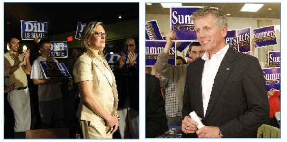 Democrat Cynthia Dill, left, and Republican Charlie Summers watch primary returns with supporters Tuesday.
