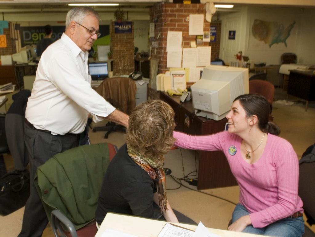 Former U.S. Rep. Barney Frank, D-Mass., says hello to Viveke Arildsen and Jessai Saulnier at the Maine Democratic Party's Portland campaign office in Portland, Maine on Thursday, October 16, 2008. Frank is urging Maine voters to support gay marriage so he can marry his longtime partner.