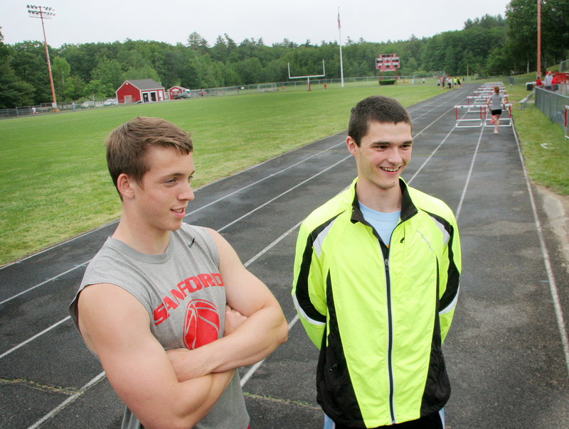 Alex Shain, left, and Daniel Webb are hoping to spark Sanford to its first Class A boys’ outdoor track state championship Saturday at Windham.