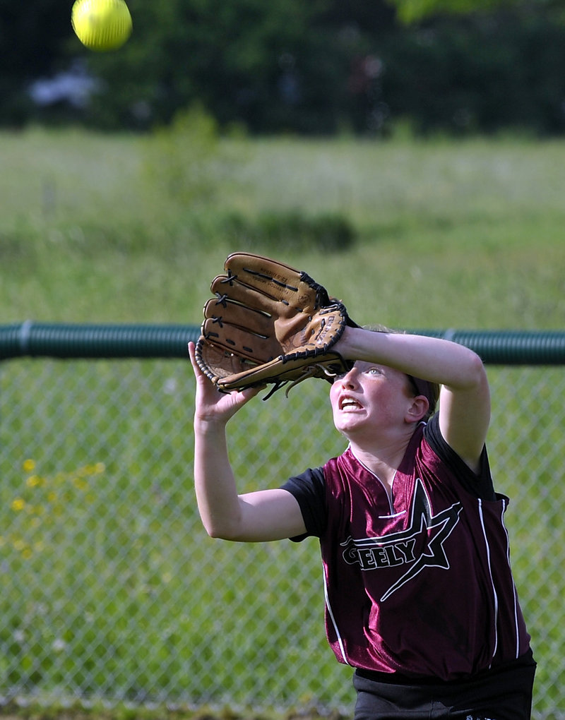 Haley Felkel of Greely catches a fly ball Wednesday during a 3-1 loss to Fryeburg Academy that determined the No. 1 seed for the Western Class B softball playoffs.