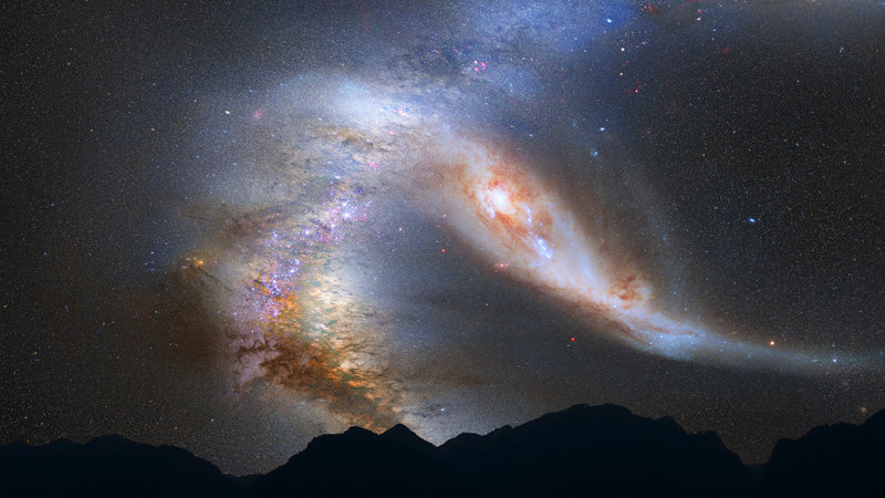This illustration released by NASA depicts a view of the night sky just before the predicted merger between our Milky Way galaxy, left, and the neighboring Andromeda galaxy.