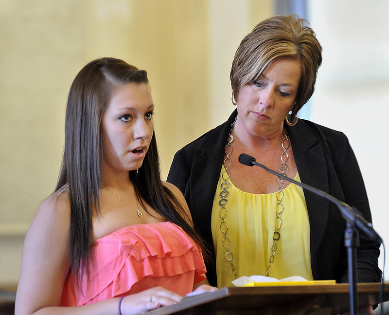 Sabrina Beggs, 16, supported by Victim Advocate Michelle Cram, right, talks of the loss of her mother, Kelly Winslow, at the sentencing of Patrick Dapolito. “I would do anything to get my mom back,” Beggs said, “even if it was just to talk to her one last time.”