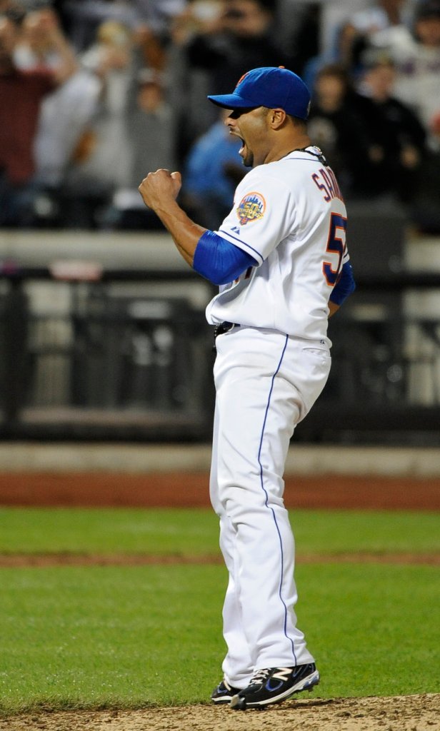 Johan Santana of the Mets celebrates after the final out of his no-hitter against the Cardinals Friday night in New York.