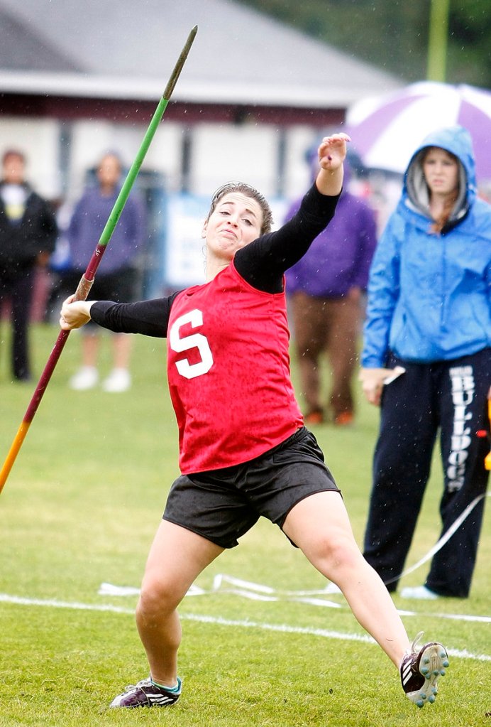 Nicole Farmer of Sanford throws the javelin in a meet that will be decided Wednesday.