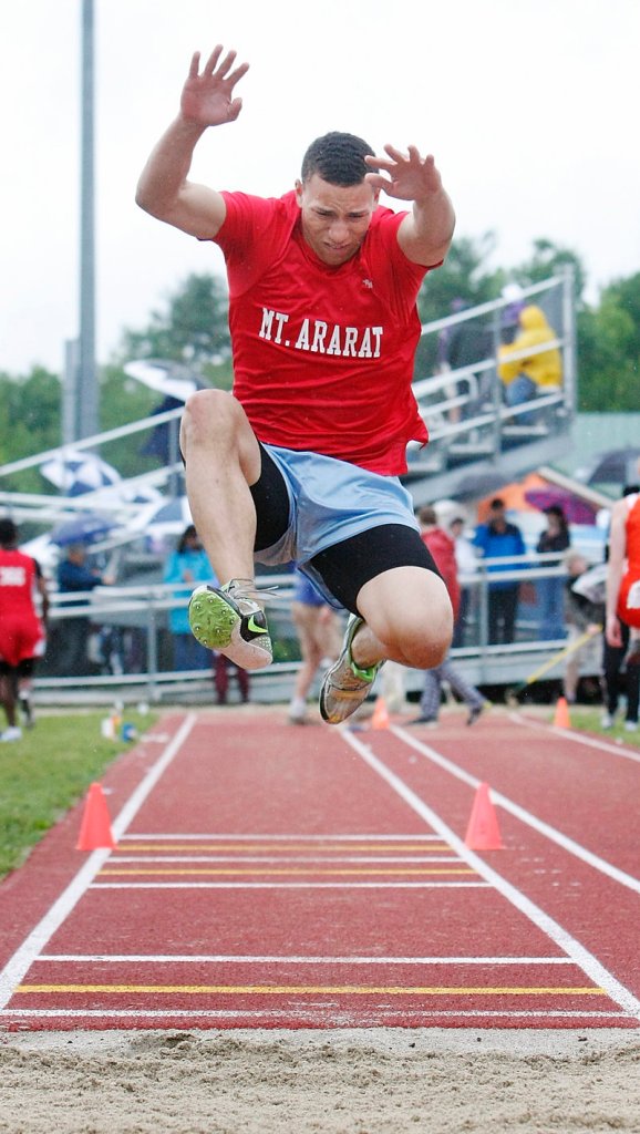 McKenzie Gary of Mt. Ararat competes in the triple jump. Alex Shain of Sanford won with a distance of 42 feet, 6 3⁄4 inches.
