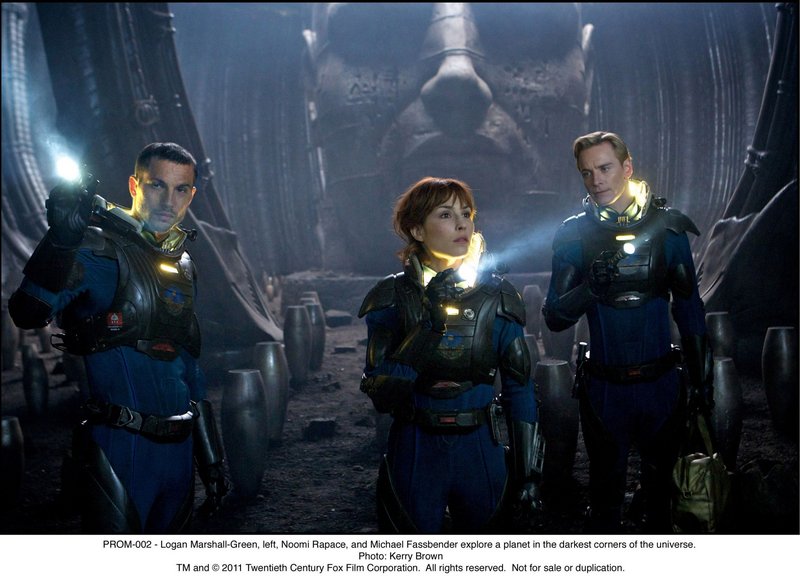 Logan Marshall-Green, Noomi Rapace and Michael Fassbender on the lookout in “Prometheus."