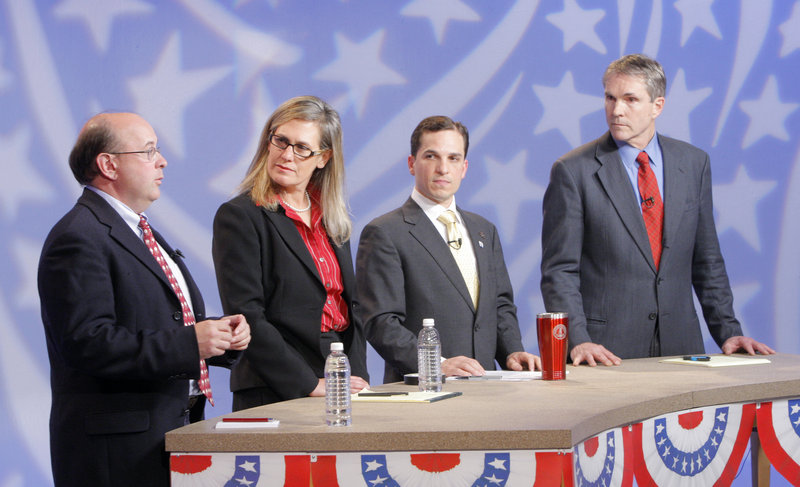 At a debate Tuesday at WGME studios in Portland, Democratic candidates for U.S. Senate criticized anti-terrorist policies and possible cuts to social services. The candidates are, from left, Matt Dunlap, Sen. Cynthia Dill, Benjamin Pollard and Rep. Jon Hinck.