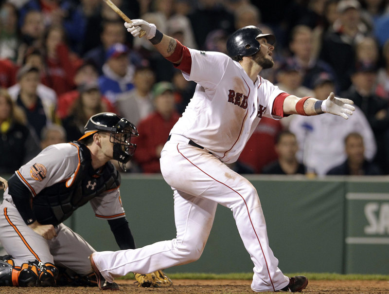 Jarrod Saltalamacchia came through for the Red Sox with two outs in the ninth inning, but a few minutes later watched the Orioles score twice in the 10th for an 8-6 win at Fenway Tuesday night.