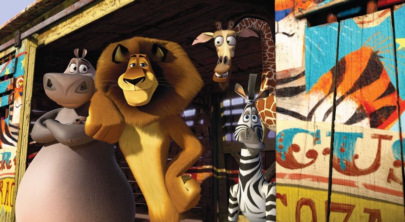 Gloria (Jada Pinkett Smith), Alex (Ben Stiller), Melman (David Schwimmer) and Marty (Chris Rock) return in “Madagascar 3.”