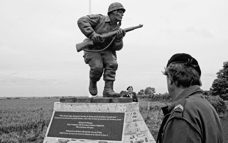 A statue of Maj. Dick Winters, seen Tuesday, was unveiled Wednesday near Utah Beach, where Winters’ Easy Company parachuted in on D-Day to destroy German artillery.