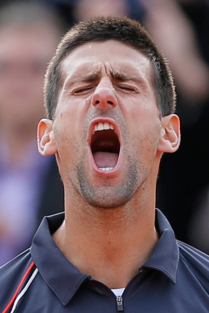 Novak Djokovic celebrates after winning Friday’s French Open semifinal match against Roger Federer in Paris.