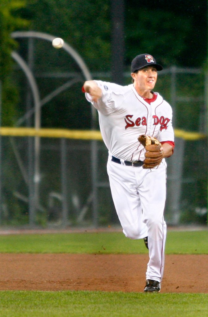 Nick Natoli of the Sea Dogs unleashes a throw to first after fielding a grounder at third base. The Sea Dogs and Richmond play again tonight at Hadlock.