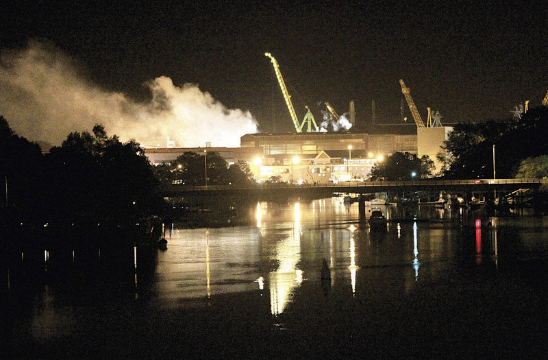 Fire crews respond to a May 23 fire on the USS Miami SSN 755 submarine at the Portsmouth Naval Shipyard in Kittery.